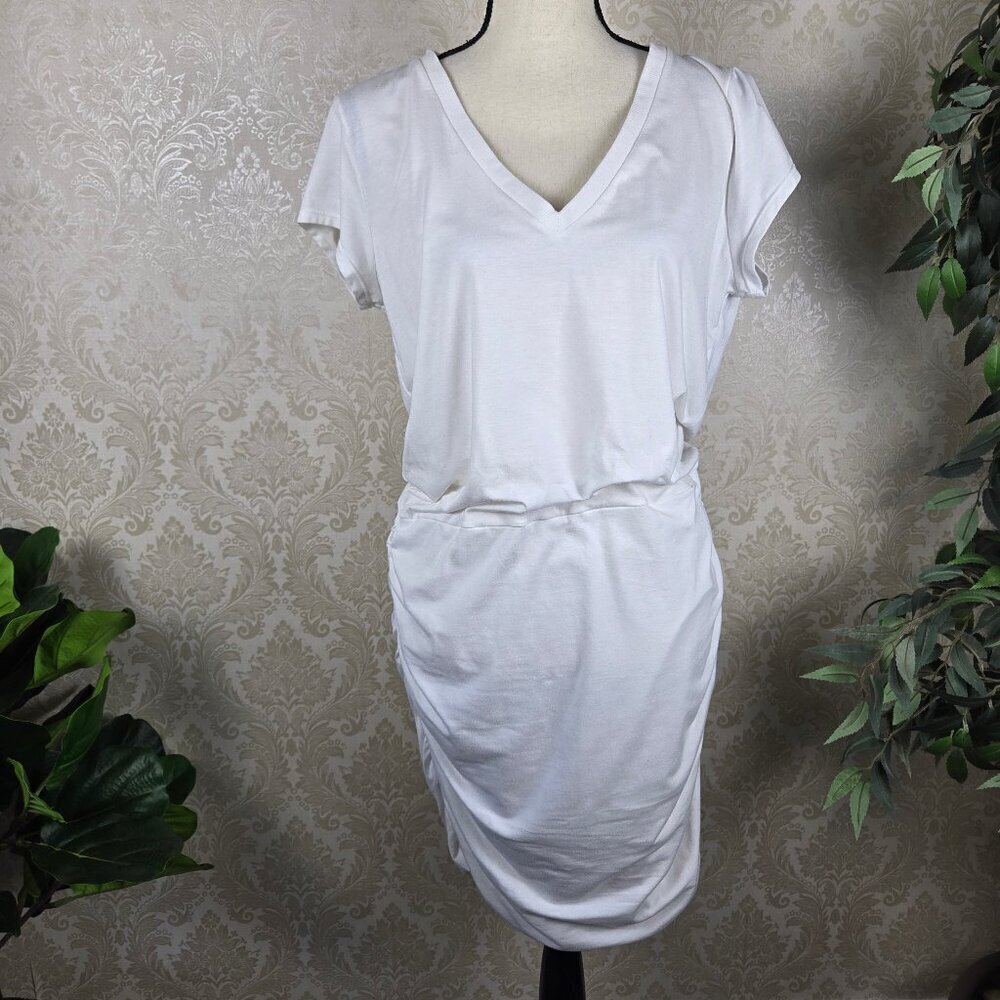 Athleta Size Large White T-Shirt Jersey Knit Dress Ruched Skirt Casual V-Neck - Picture 13 of 16